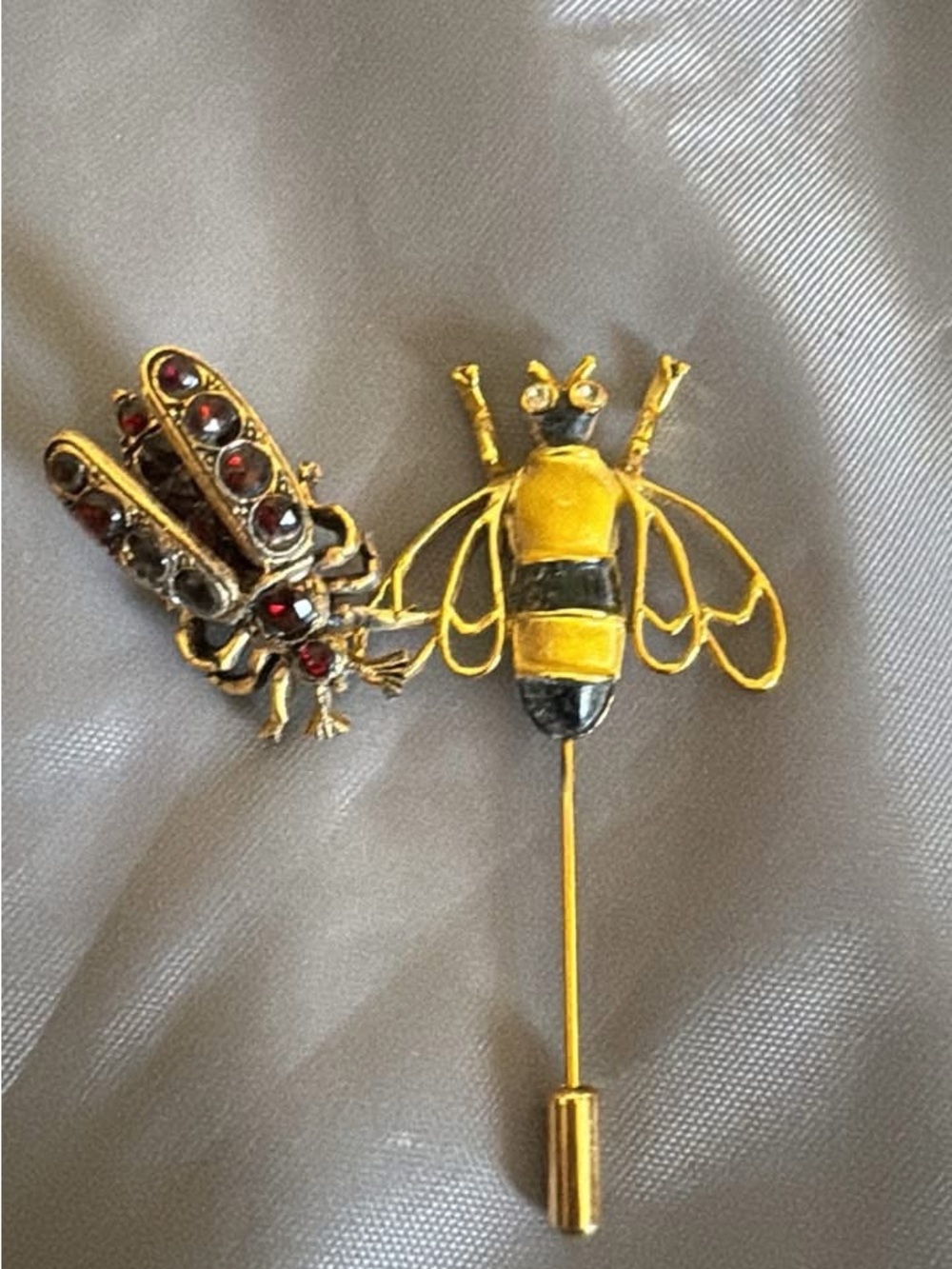 Gold-Tone Bee and Gemstone Insect Pin - Yellow and Red